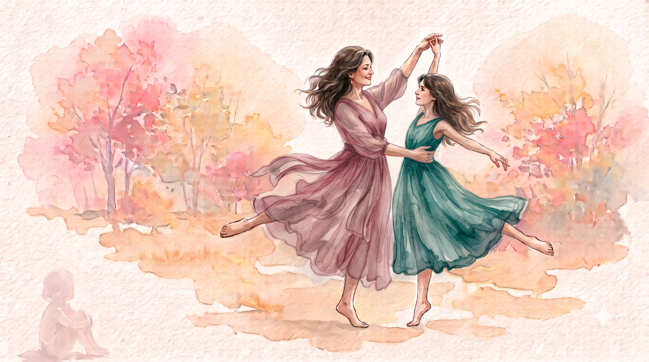 Two women dancing freely in an amber watercolour autumn park — the joyous season of becoming