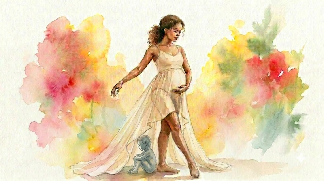A radiant pregnant woman in cream gown surrounded by warm watercolour blooms — summer in full flower