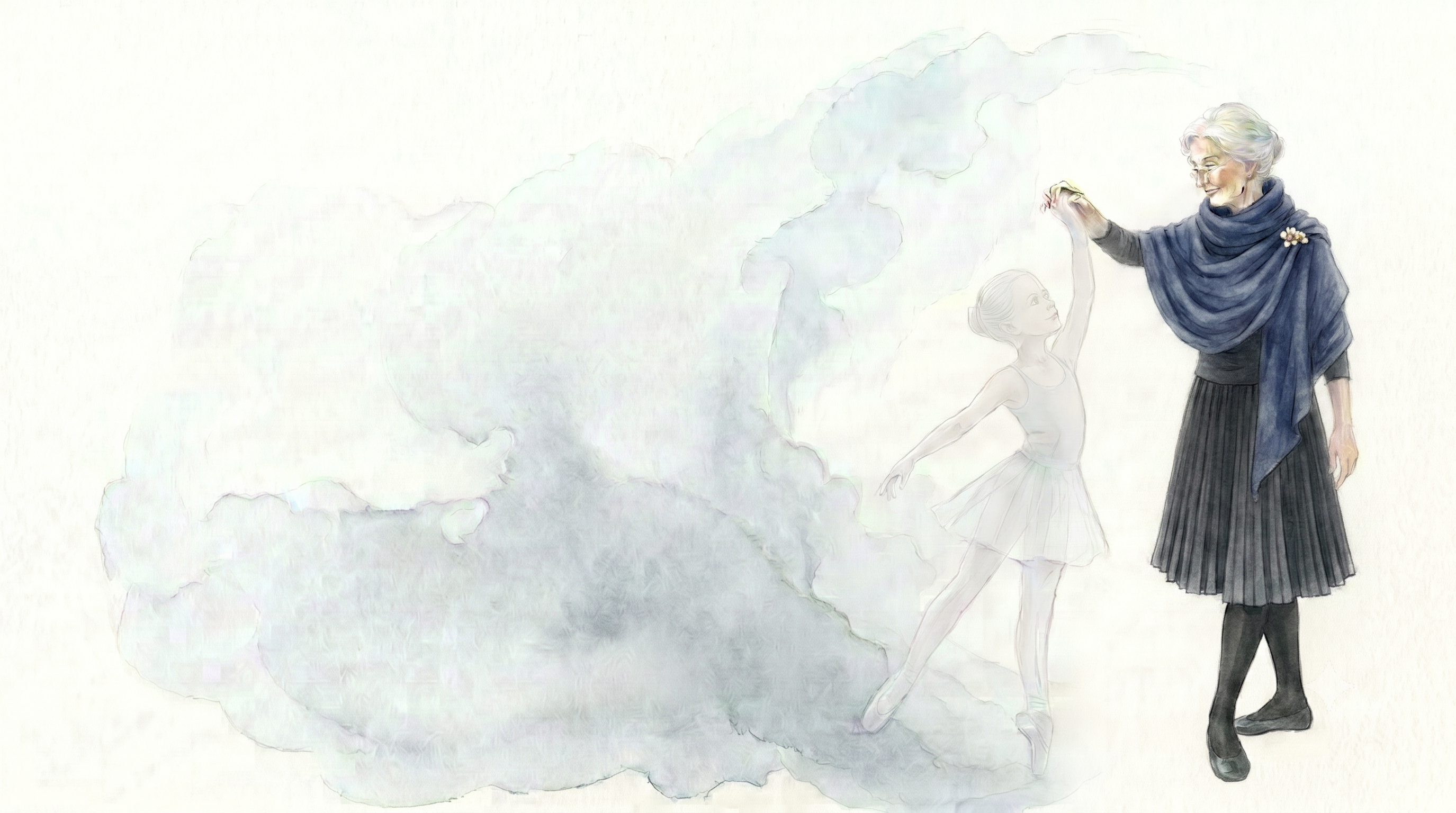 An elder woman with silver hair guiding a young ballerina — winter wisdom passed between generations
