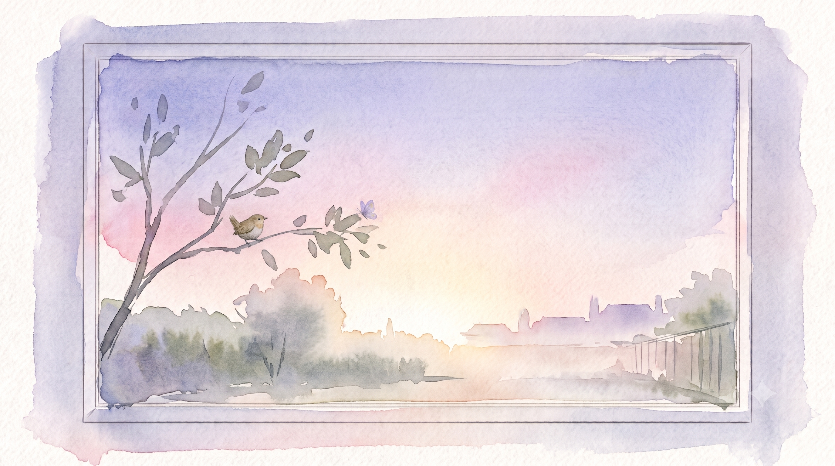 Morning dawn — a soft watercolour landscape framed like a window at first light
