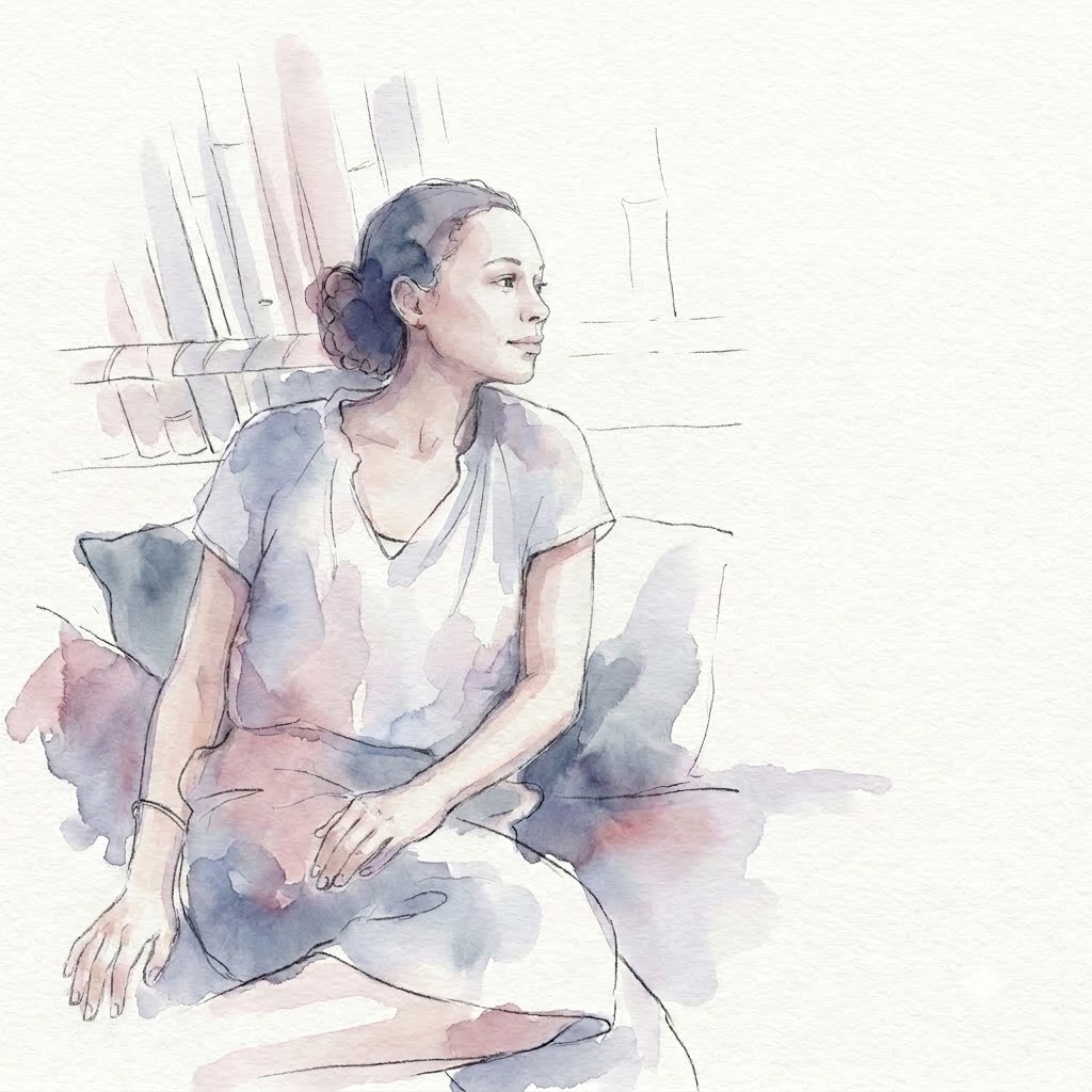 A woman seated thoughtfully with books behind her — watercolour portrait of the guide
