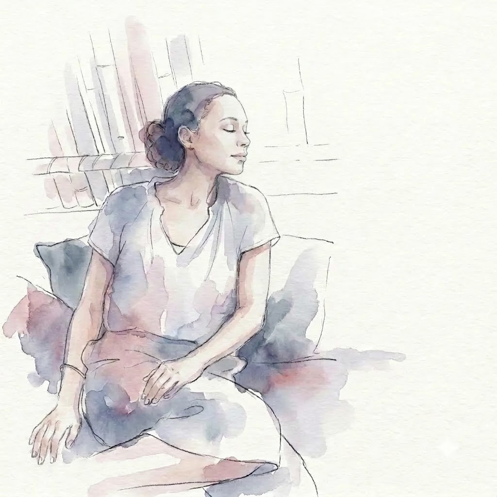 Penny seated in serene meditation with eyes closed — watercolour portrait of the guide